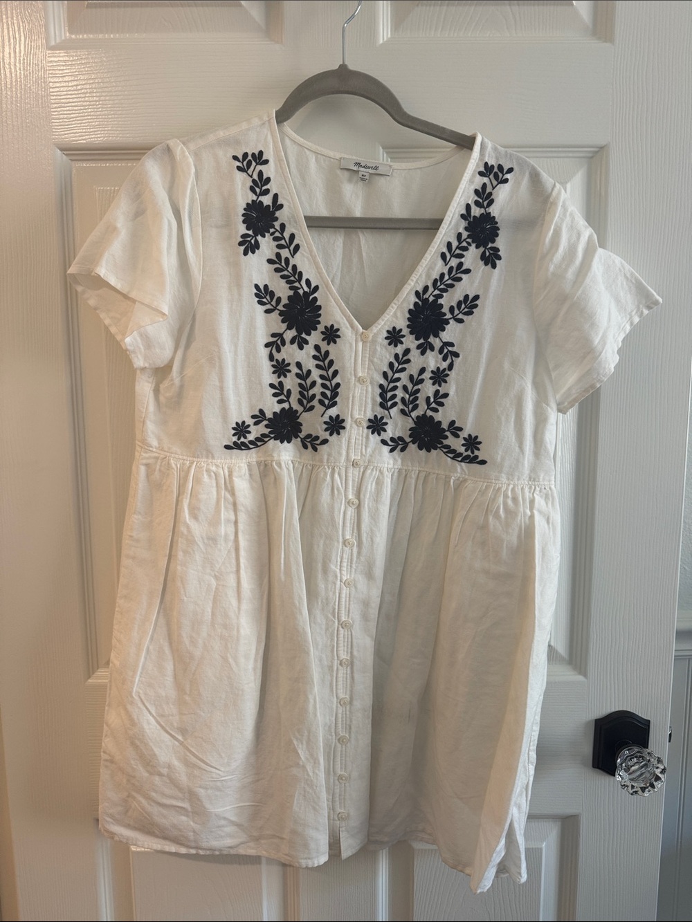 Madewell White V-Neck Dress with Navy Floral Embroidery